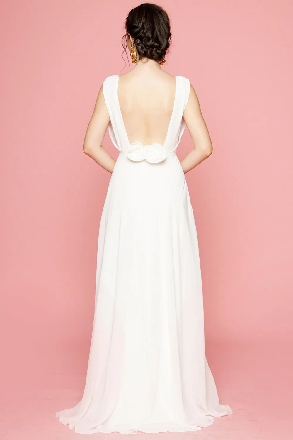 DALIA Flower Back Chiffon Maxi Dress with Wrap Skirt (White)