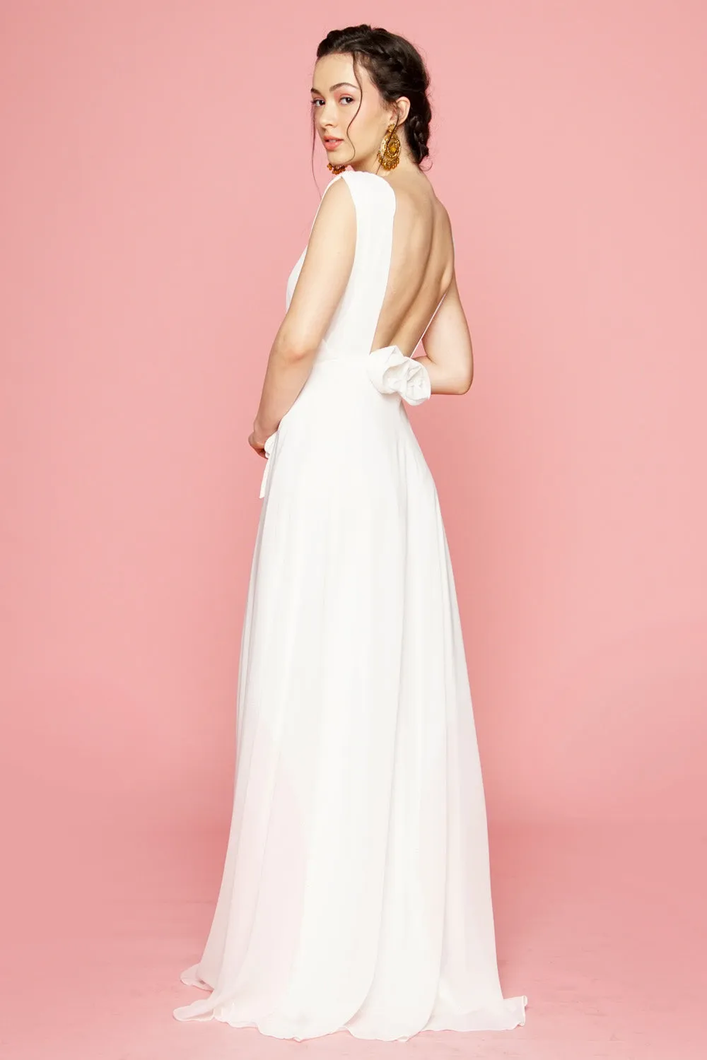 DALIA Flower Back Chiffon Maxi Dress with Wrap Skirt (White)