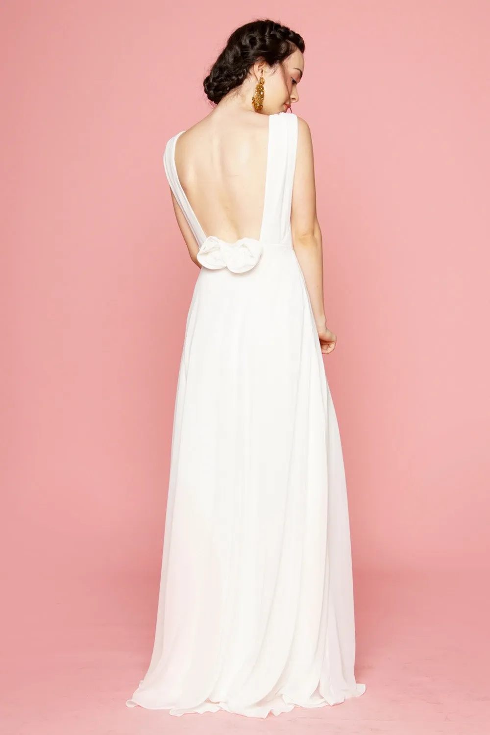 DALIA Flower Back Chiffon Maxi Dress with Wrap Skirt (White)