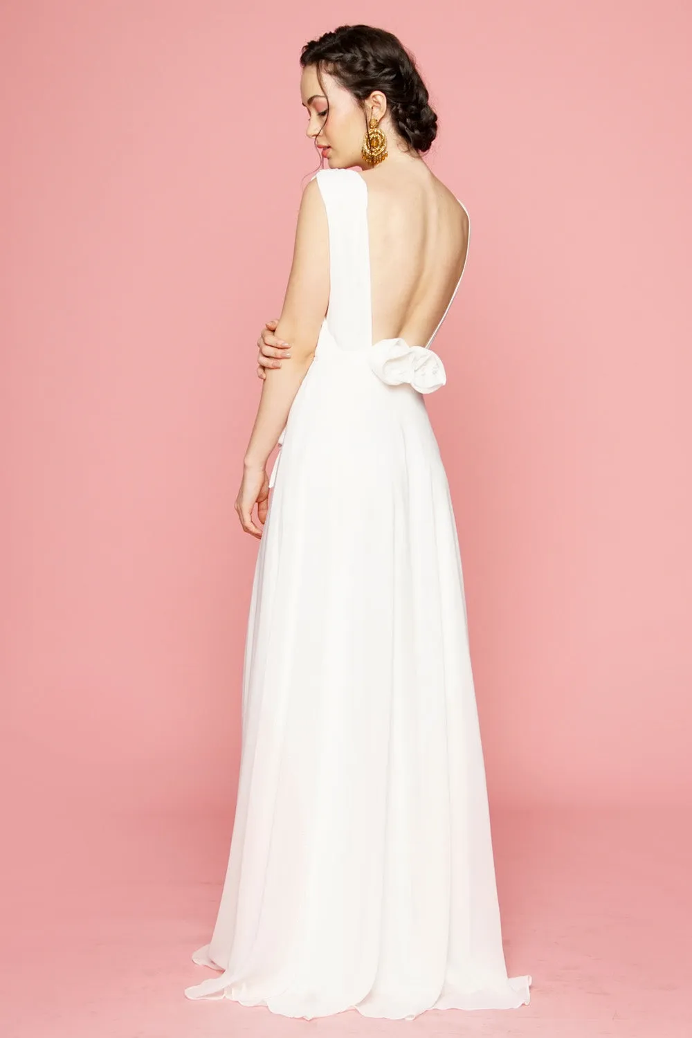 DALIA Flower Back Chiffon Maxi Dress with Wrap Skirt (White)
