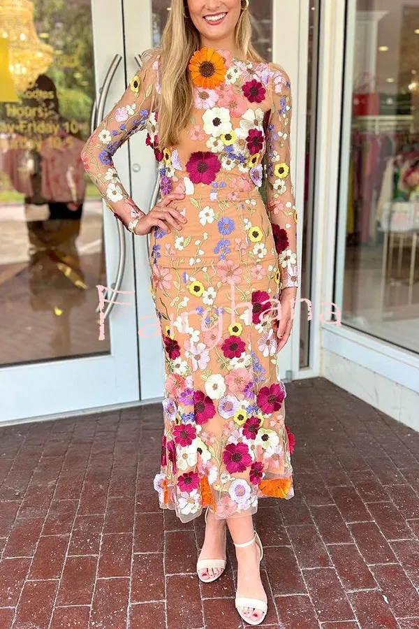 Dignified and Refined Charm Embroidered Floral Applique Long Sleeve Fish Tail Midi Dress