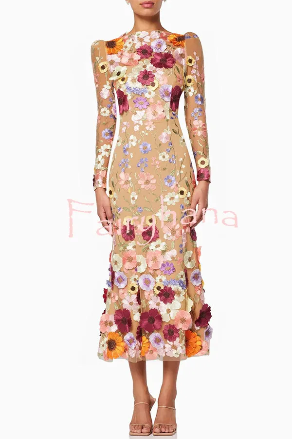Dignified and Refined Charm Embroidered Floral Applique Long Sleeve Fish Tail Midi Dress