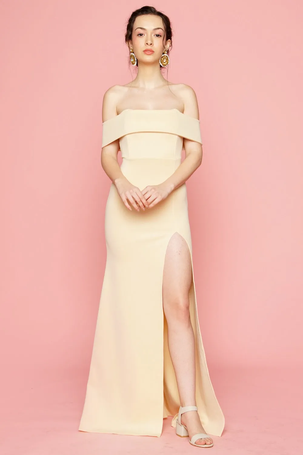 DULCE Off Shoulder Maxi Dress with High Slit (Nude)