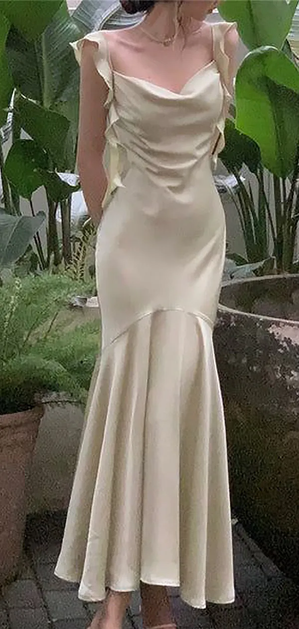 Elegant Ivory White Spaghetti Straps Mermaid Long Evening Prom Dresses ,WGP445