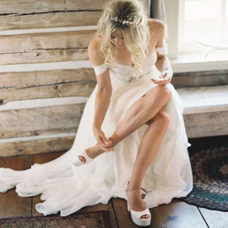 Elegant Off-Shoulder Beading Sash Long Cheap Chiffon Wedding Dresses, TYP1113