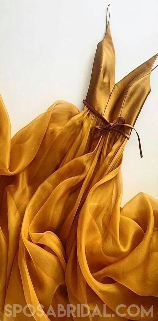 Elegant Soft  Yellow Spaghetti Straps A-line Chiffon Long Deep V Neck  Prom Dresses, PD1110