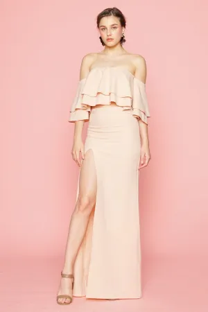 EMILIA DRESS SET Layered Off Shoulder Top   High Slit Skirt (Nude)