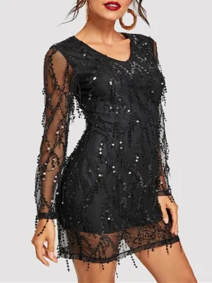 Fashion Sexy Sparkling Crystal Beads Fringed Dress Long-sleeved Skirt