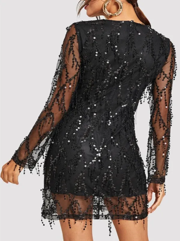 Fashion Sexy Sparkling Crystal Beads Fringed Dress Long-sleeved Skirt