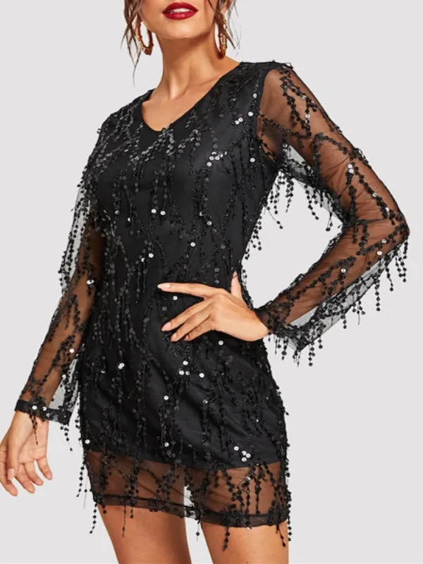 Fashion Sexy Sparkling Crystal Beads Fringed Dress Long-sleeved Skirt
