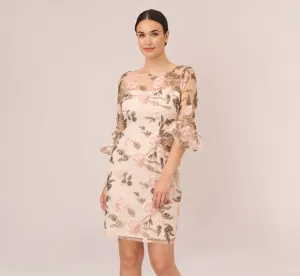 Floral Embroidered Bell Sleeve Sheath Dress In Blush Multi