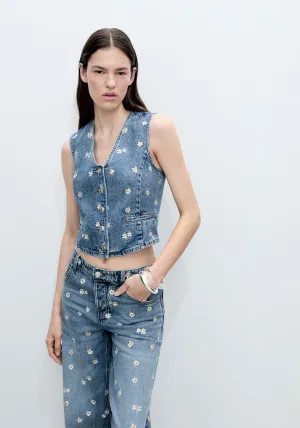 Flower embroidered crop vest - Open Blue