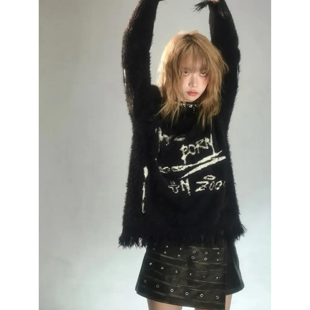 Fluffy Knitted Sweater with Cut-Out Detail and Bold Text