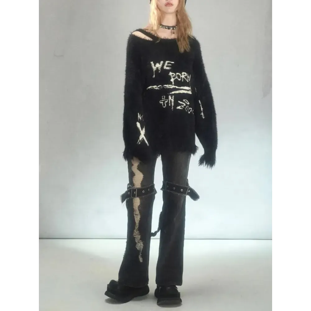 Fluffy Knitted Sweater with Cut-Out Detail and Bold Text