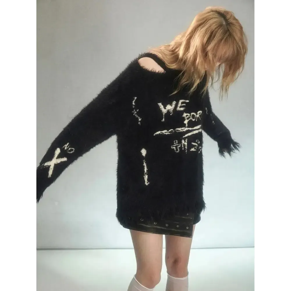 Fluffy Knitted Sweater with Cut-Out Detail and Bold Text