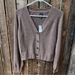 Gap CashSoft Cropped Balloon Sleeve Button Cardigan Sweater Light Brown NWT XS
