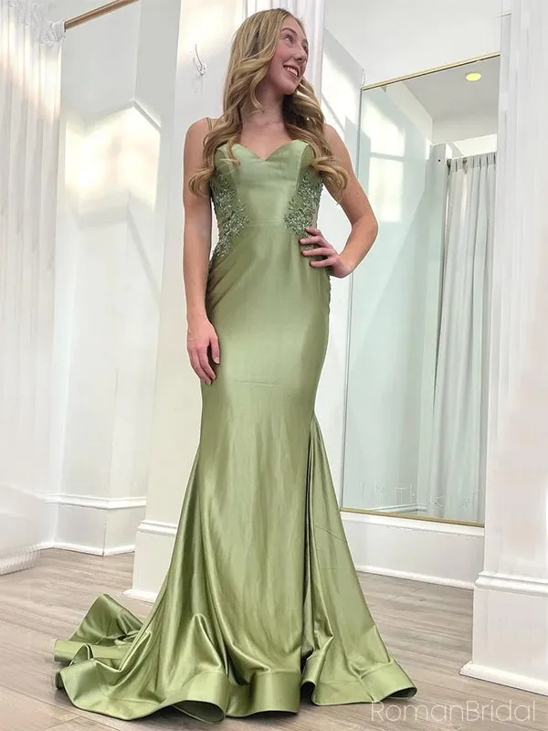 Gorgeous Spaghetti Strap Sleeveless Satin Mermaid Long Prom Dresses With Trailing For Party Online, OL351