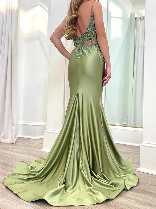 Gorgeous Spaghetti Strap Sleeveless Satin Mermaid Long Prom Dresses With Trailing For Party Online, OL351