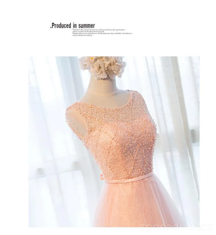 Gray Lace Beaded Soft Tulle Long Bridesmaid Dresses, BD018