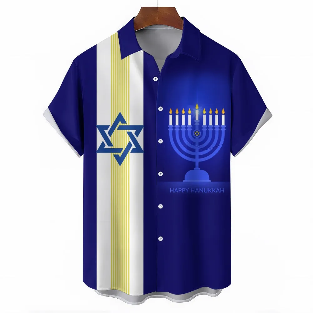 Hanukkah Candle Six-pointed Star Chest Pocket Bowling Shirt 2412009212