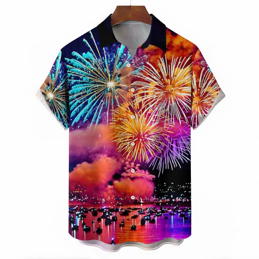Happy New Year Fireworks Print Short Sleeve Shirt 2411011897
