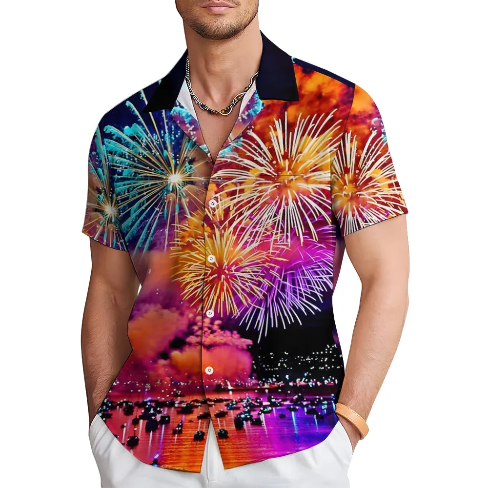Happy New Year Fireworks Print Short Sleeve Shirt 2411011897