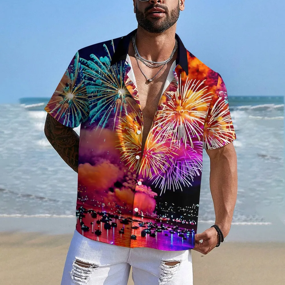 Happy New Year Fireworks Print Short Sleeve Shirt 2411011897