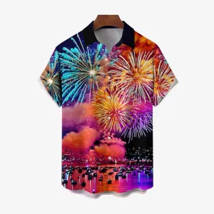 Happy New Year Fireworks Print Short Sleeve Shirt 2411011897