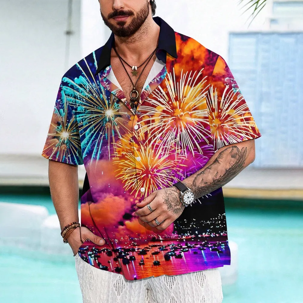 Happy New Year Fireworks Print Short Sleeve Shirt 2411011897