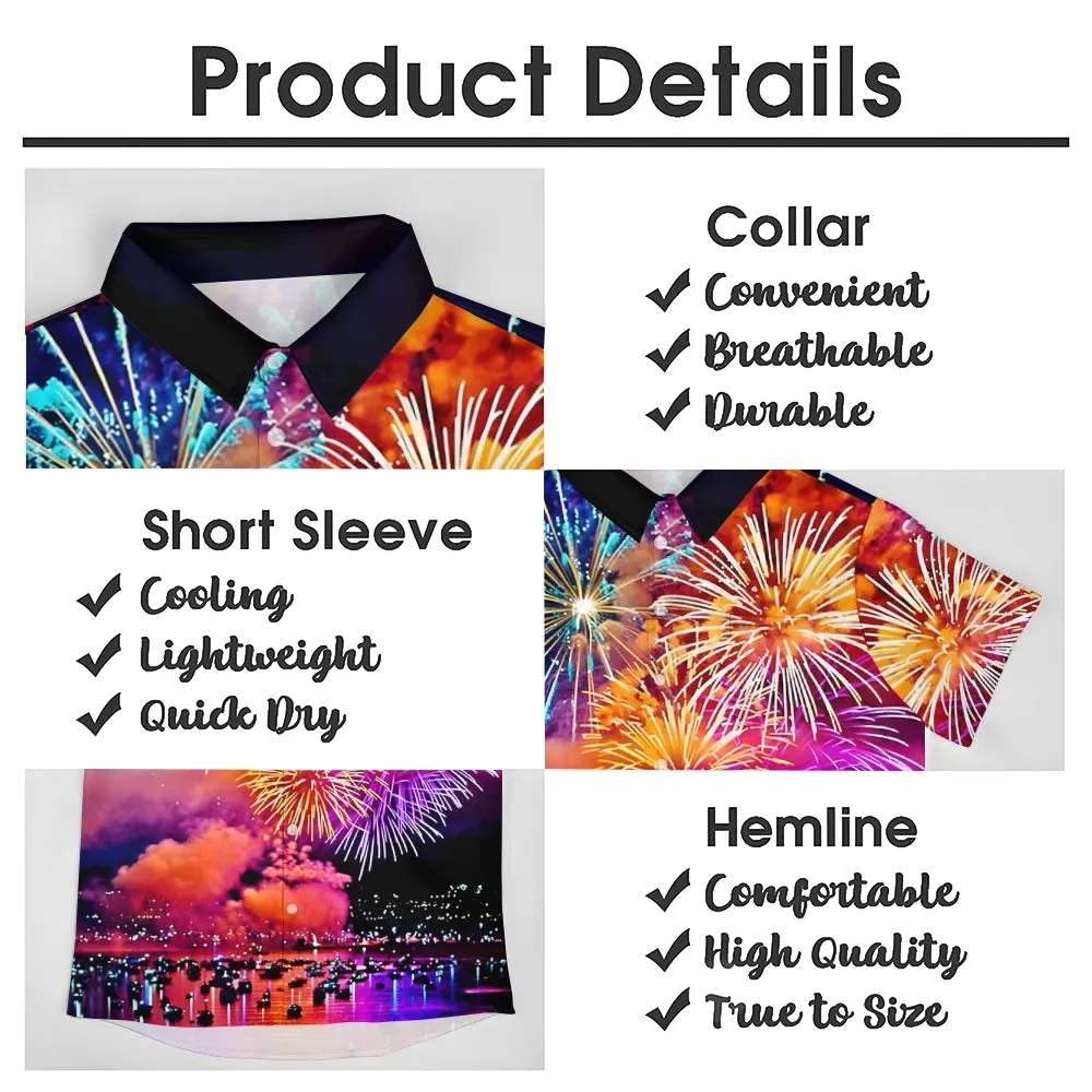 Happy New Year Fireworks Print Short Sleeve Shirt 2411011897