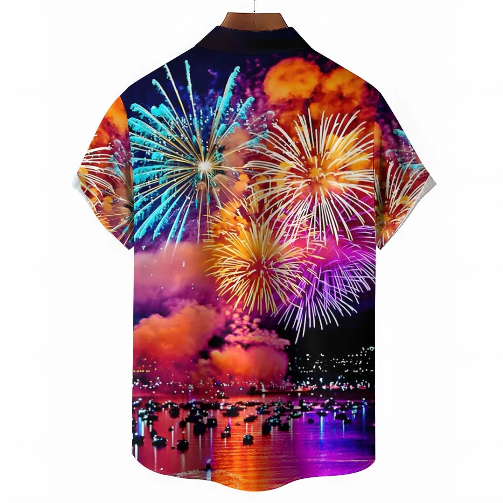 Happy New Year Fireworks Print Short Sleeve Shirt 2411011897