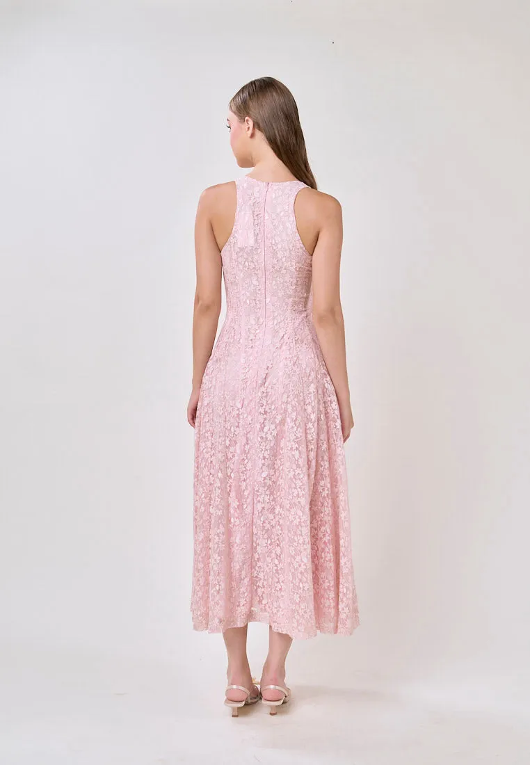 Heidi Soft Pink Deep V-Neck French Lace Maxi Dress