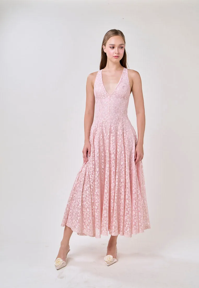 Heidi Soft Pink Deep V-Neck French Lace Maxi Dress