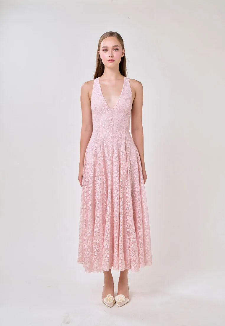Heidi Soft Pink Deep V-Neck French Lace Maxi Dress