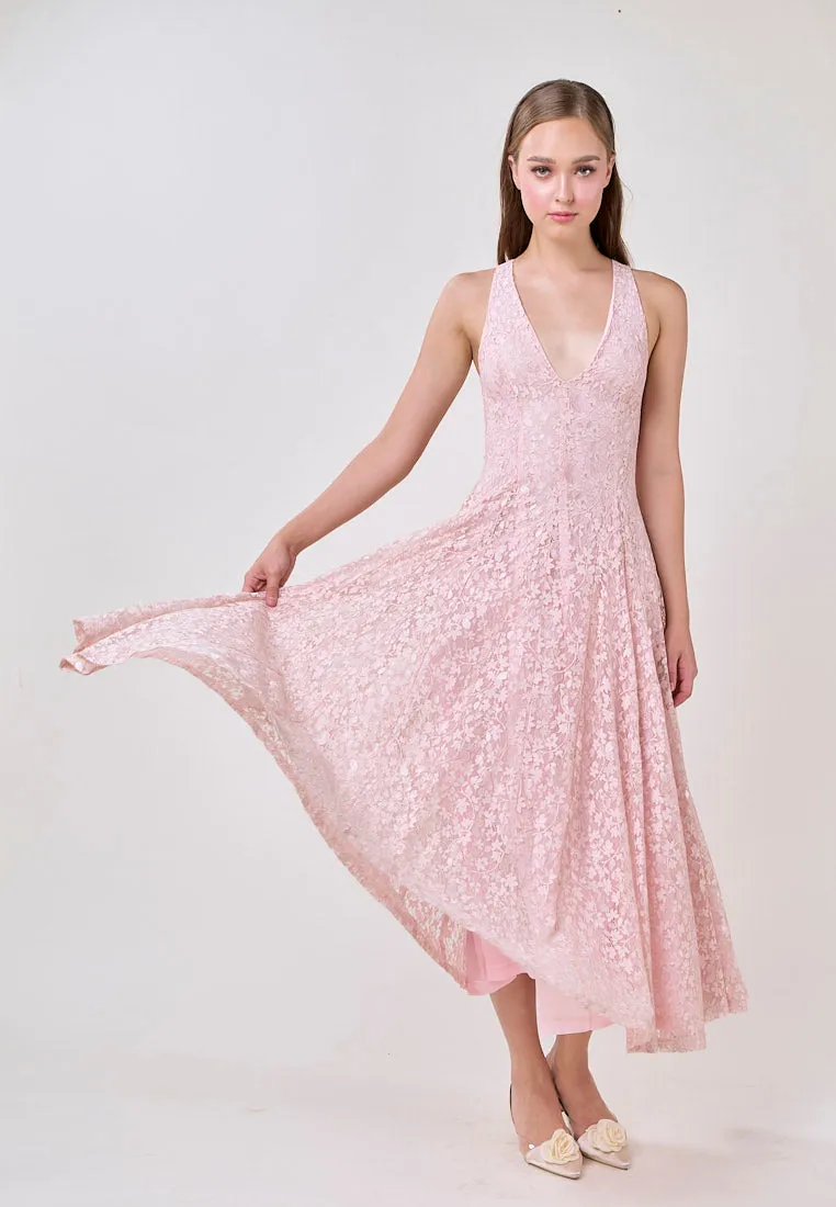 Heidi Soft Pink Deep V-Neck French Lace Maxi Dress