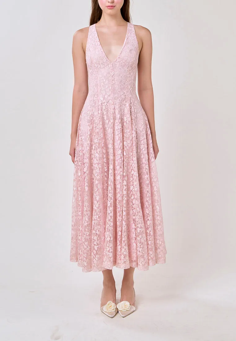 Heidi Soft Pink Deep V-Neck French Lace Maxi Dress