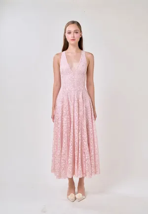 Heidi Soft Pink Deep V-Neck French Lace Maxi Dress