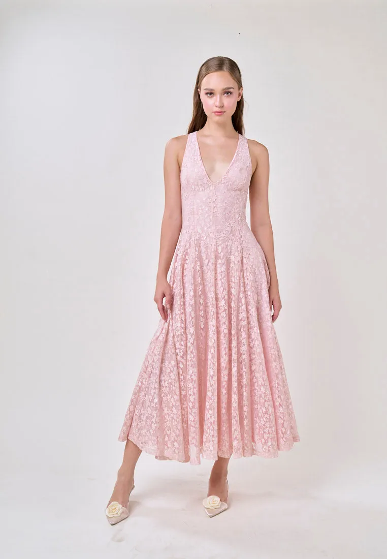 Heidi Soft Pink Deep V-Neck French Lace Maxi Dress
