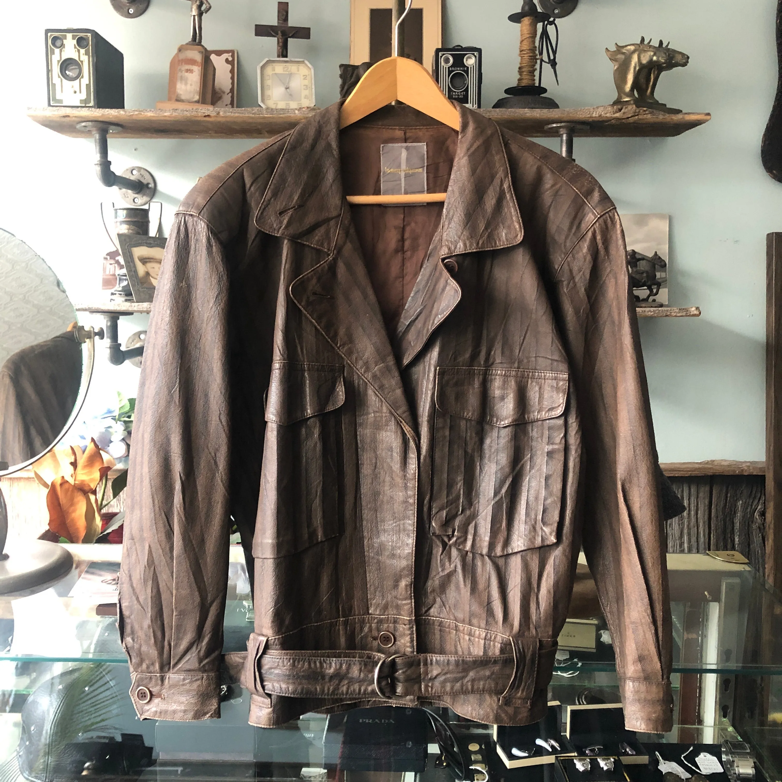 Issey Miyake Striped Brown Cropped Moto Jacket - S