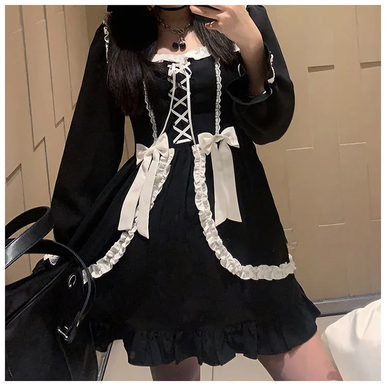 Japanese Lolita Gothic Dress Girl Patchwork Vintage Designer Mini Dress Japan Style Kawaii Clothes Fall Dresses For Women