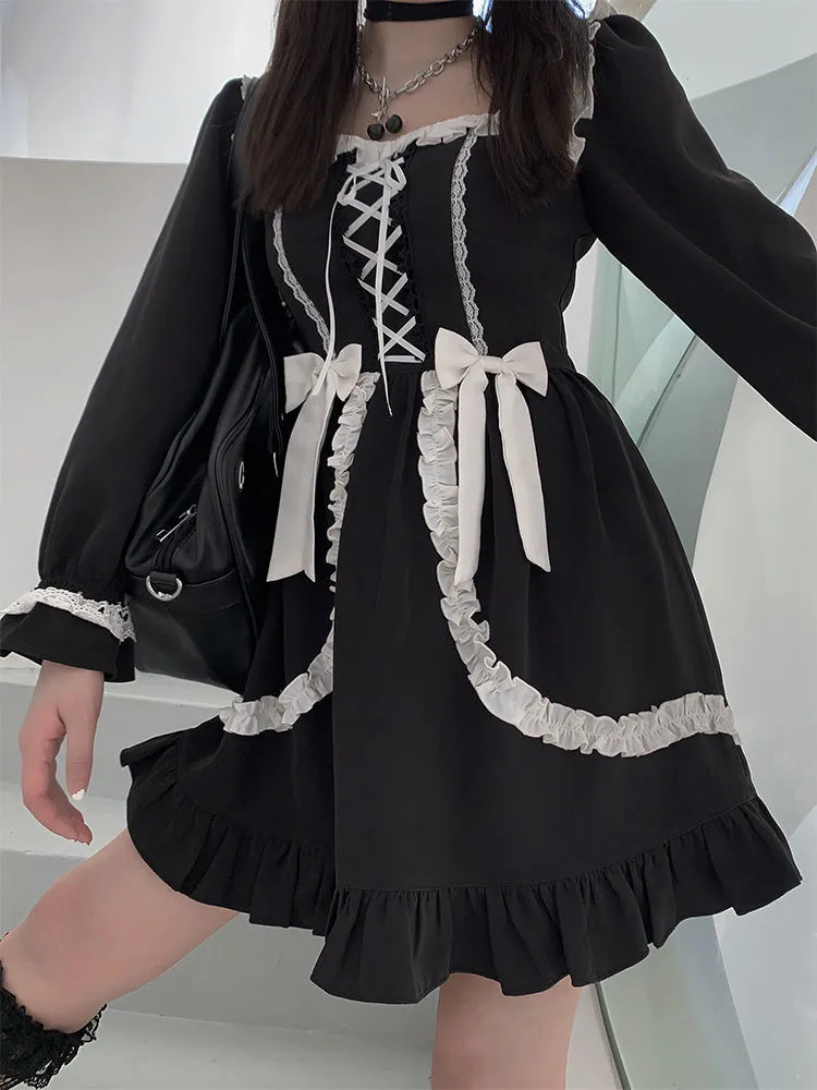 Japanese Lolita Gothic Dress Girl Patchwork Vintage Designer Mini Dress Japan Style Kawaii Clothes Fall Dresses For Women