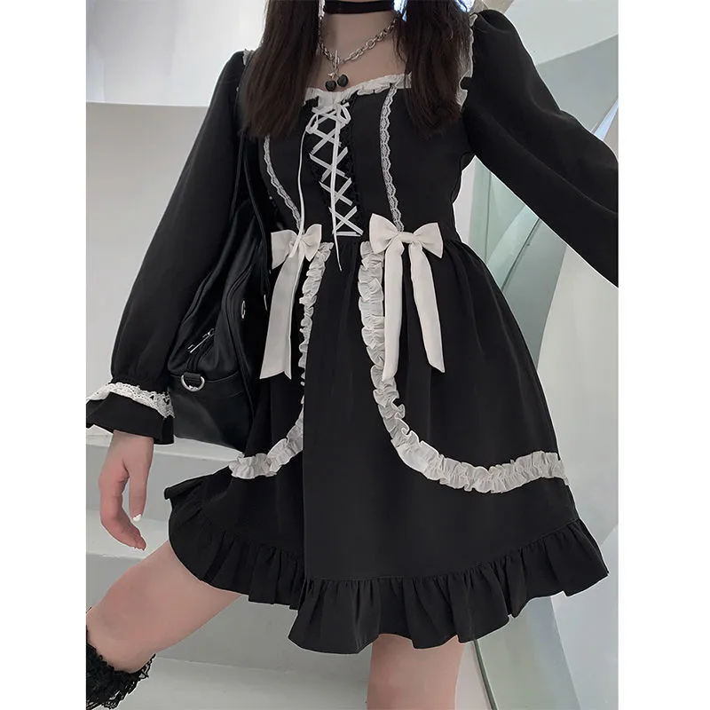 Japanese Lolita Gothic Dress Girl Patchwork Vintage Designer Mini Dress Japan Style Kawaii Clothes Fall Dresses For Women