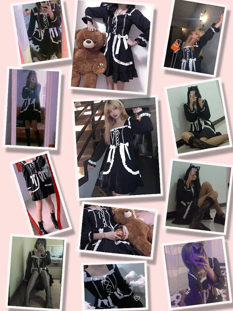Japanese Lolita Gothic Dress Girl Patchwork Vintage Designer Mini Dress Japan Style Kawaii Clothes Fall Dresses For Women