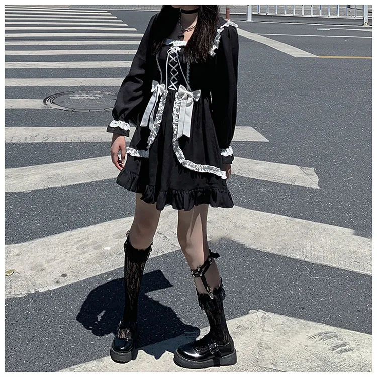Japanese Lolita Gothic Dress Girl Patchwork Vintage Designer Mini Dress Japan Style Kawaii Clothes Fall Dresses For Women
