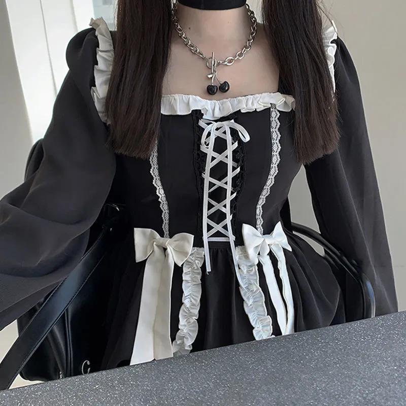 Japanese Lolita Gothic Dress Girl Patchwork Vintage Designer Mini Dress Japan Style Kawaii Clothes Fall Dresses For Women