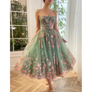 JazzHer Customized Appliques Tiered Ruffle Strapless Ball Gown Prom Dresses Lace-up vestidos de noche Sleeveless Formal Evening-(PRE-ORDER)