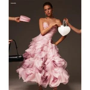 JazzHer Customized Flower Tiered Ruffle Ball Gown Prom Dresses Ankle-Length vestidos de noche Strapless Sleeveless Formal Evening-(PRE-ORDER)