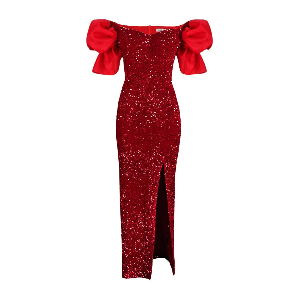 JazzHer Ruffled V-neck Sequined Long Dress Ladies Banquet Evening Dress Dress Women's Party Dresses