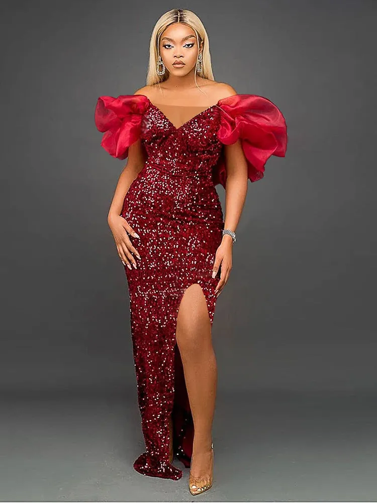 JazzHer Ruffled V-neck Sequined Long Dress Ladies Banquet Evening Dress Dress Women's Party Dresses