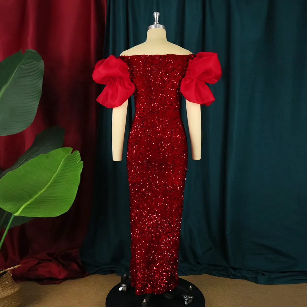 JazzHer Ruffled V-neck Sequined Long Dress Ladies Banquet Evening Dress Dress Women's Party Dresses